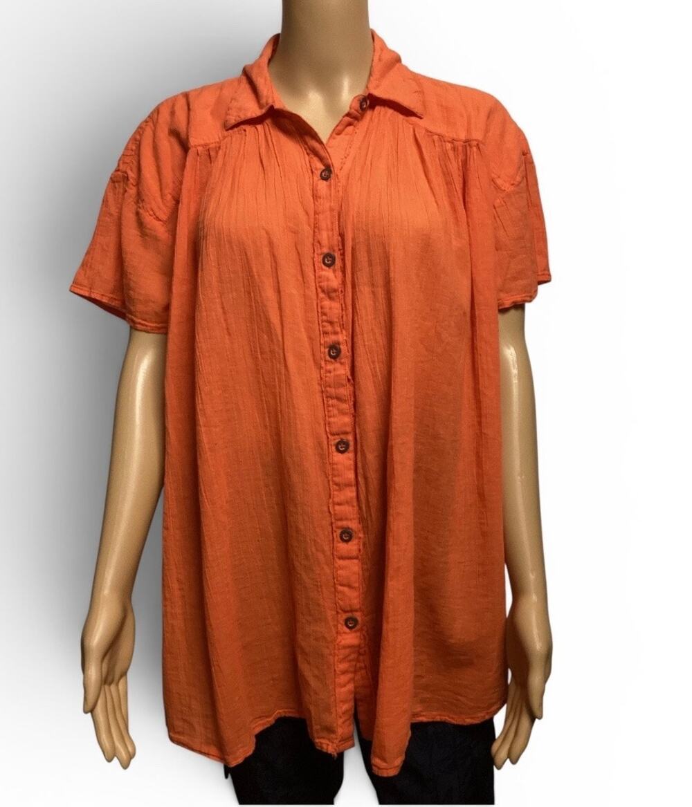 Free People We The Free Gauze Button Down Shirt Orange Oversized XS/L
